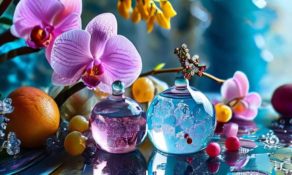 Vibrant composition featuring purple orchid, glass with ice cubes, yellow lemon, colorful spheres. Modern, fresh aesthetic ideal for beverage, wellness, floral themes. Bright, enticing colors