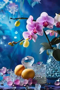Vibrant composition featuring purple orchid, glass with ice cubes, yellow lemon, colorful spheres. Modern, fresh aesthetic ideal for beverage, wellness, floral themes. Bright, enticing colors