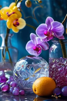 Vibrant composition featuring purple orchid, glass with ice cubes, yellow lemon, colorful spheres. Modern, fresh aesthetic ideal for beverage, wellness, floral themes. Bright, enticing colors