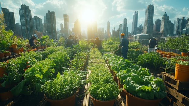 A thriving rooftop garden in a bustling city where workers tend to fresh crops under bright sunlight, framed by tall urban skyscrapers.