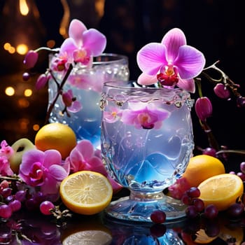 Vibrant composition featuring purple orchid, glass with ice cubes, yellow lemon, colorful spheres. Modern, fresh aesthetic ideal for beverage, wellness, floral themes. Bright, enticing colors