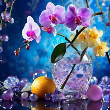 Vibrant composition featuring purple orchid, glass with ice cubes, yellow lemon, colorful spheres. Modern, fresh aesthetic ideal for beverage, wellness, floral themes. Bright, enticing colors