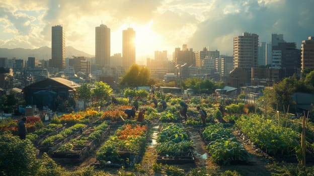 A lush community rooftop garden with people tending to crops under the warm light of sunrise, set against a backdrop of urban buildings.