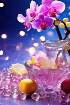 Vibrant composition featuring purple orchid, glass with ice cubes, yellow lemon, colorful spheres. Modern, fresh aesthetic ideal for beverage, wellness, floral themes. Bright, enticing colors