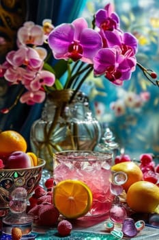 Elegant purple orchid with crystal glass of ice, lemon, and vibrant spheres. Perfect for floral, beverage, or wellness themes. Bright colors, fresh and modern composition