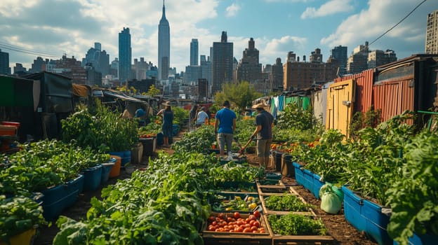 A lively rooftop garden in the city where individuals are harvesting fresh produce, surrounded by lush greenery and urban skyscrapers.