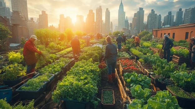 A bustling rooftop garden in the city where people are harvesting fresh vegetables under the warm light of sunset, framed by an urban skyline.