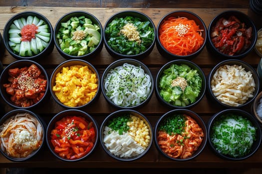 A variety of colorful and fresh Asian side dishes presented in individual bowls, placed on a rustic wooden table.