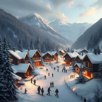 winter village in mountains, ski resort, sport landscape, people view from above. High quality illustration