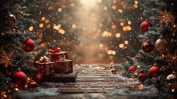 Christmas-themed scene with red and gold gift boxes, snow-dusted wooden surface, and bokeh lighting in the background.