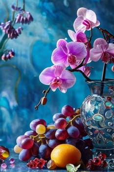 Elegant purple orchid with crystal glass of ice, lemon, and vibrant spheres. Perfect for floral, beverage, or wellness themes. Bright colors, fresh and modern composition