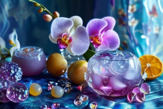 Captivating purple orchid beside glass filled with ice, lemon, and colorful spheres. Ideal for fresh, vibrant designs in wellness, floral, or culinary contexts