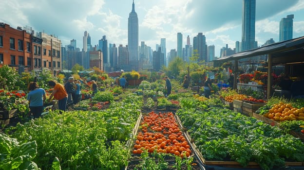 A bustling rooftop garden in the city with people harvesting fresh vegetables and vibrant produce, framed by urban skyscrapers on a sunny day.