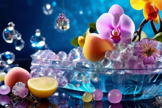 Captivating purple orchid beside glass filled with ice, lemon, and colorful spheres. Ideal for fresh, vibrant designs in wellness, floral, or culinary contexts