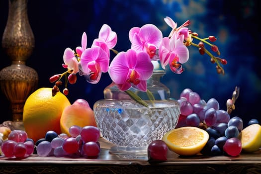 Captivating purple orchid beside glass filled with ice, lemon, and colorful spheres. Ideal for fresh, vibrant designs in wellness, floral, or culinary contexts