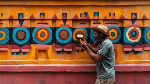 A street artist uses a magnifying glass to paint intricate circular patterns on a vibrant wall, wearing a hat and casual clothing.