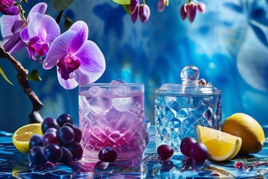 Captivating purple orchid beside glass filled with ice, lemon, and colorful spheres. Ideal for fresh, vibrant designs in wellness, floral, or culinary contexts