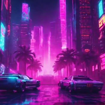 futurism city purple blue tone, modern cars, neon. High quality illustration