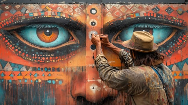 A street artist paints a detailed mural of vibrant, geometric eyes on an urban wall, adding intricate patterns and bold colors.
