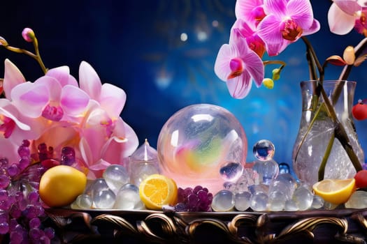 Purple orchid with ice-filled glass, lemon, and colorful spheres. Bright, modern aesthetic suitable for beverage, wellness, or floral promotions. Eye-catching and fresh
