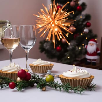 New Year Christmas holiday, splashes of champagne, sandwiches with red fruit tartalets. High quality photo