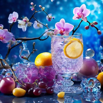 Purple orchid with ice-filled glass, lemon, and colorful spheres. Bright, modern aesthetic suitable for beverage, wellness, or floral promotions. Eye-catching and fresh