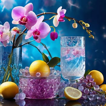 Purple orchid with ice-filled glass, lemon, and colorful spheres. Bright, modern aesthetic suitable for beverage, wellness, or floral promotions. Eye-catching and fresh