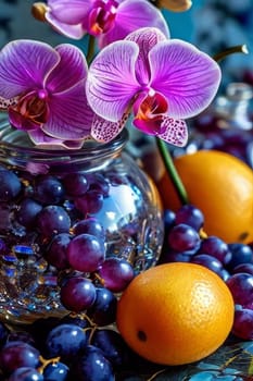 Purple orchid with ice-filled glass, lemon, and colorful spheres. Bright, modern aesthetic suitable for beverage, wellness, or floral promotions. Eye-catching and fresh