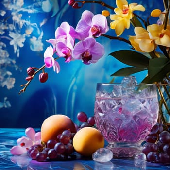 Purple orchid with ice-filled glass, lemon, and colorful spheres. Bright, modern aesthetic suitable for beverage, wellness, or floral promotions. Eye-catching and fresh