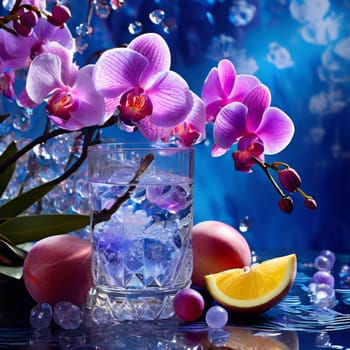 Purple orchid with ice-filled glass, lemon, and colorful spheres. Bright, modern aesthetic suitable for beverage, wellness, or floral promotions. Eye-catching and fresh