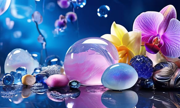 Dynamic scene with purple orchid, crystal glass of ice, lemon, and colorful spheres. Vibrant colors and modern design perfect for beverage or wellness themes