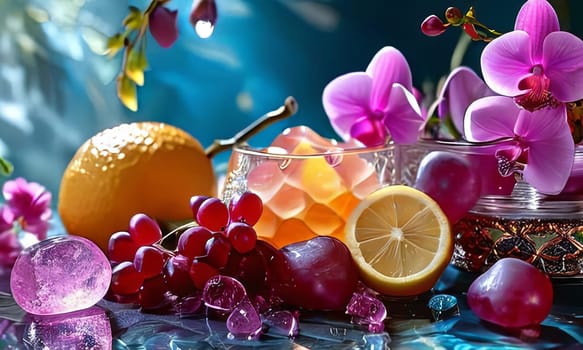 Dynamic scene with purple orchid, crystal glass of ice, lemon, and colorful spheres. Vibrant colors and modern design perfect for beverage or wellness themes