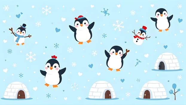 A playful design featuring cartoon penguins, cheerful snowmen, and icy igloos. Snowflakes and tiny hearts complete this seamless pattern on a light blue background.