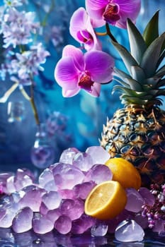 Stunning purple orchid next to ice-filled glass, lemon, and vibrant spheres. Ideal for fresh, colorful compositions in floral, beverage, or wellness sectors