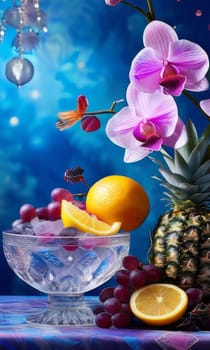 Stunning purple orchid next to ice-filled glass, lemon, and vibrant spheres. Ideal for fresh, colorful compositions in floral, beverage, or wellness sectors