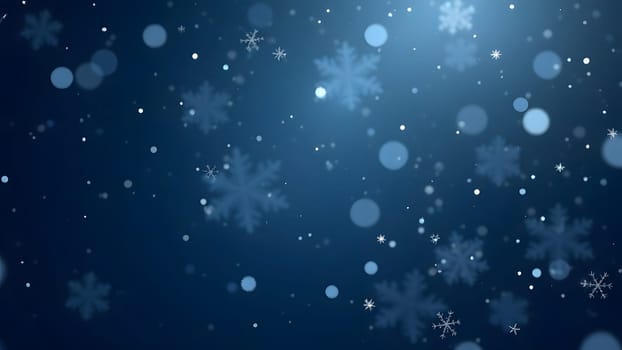 Graceful snowflakes float downward in image, shimmering softly against a serene blue gradient backdrop, evoking peaceful winter vibes.