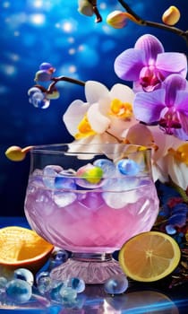 Stunning purple orchid next to ice-filled glass, lemon, and vibrant spheres. Ideal for fresh, colorful compositions in floral, beverage, or wellness sectors