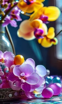 Stunning purple orchid next to ice-filled glass, lemon, and vibrant spheres. Ideal for fresh, colorful compositions in floral, beverage, or wellness sectors