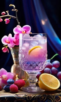 Stunning purple orchid next to ice-filled glass, lemon, and vibrant spheres. Ideal for fresh, colorful compositions in floral, beverage, or wellness sectors