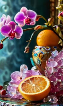 Stunning purple orchid next to ice-filled glass, lemon, and vibrant spheres. Ideal for fresh, colorful compositions in floral, beverage, or wellness sectors