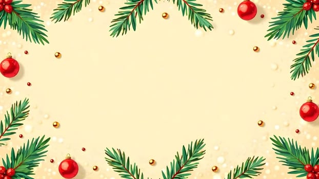 Green pine branches, pinecones, and vivid holly berries combine with golden ornaments in a seamless tileable pattern on a textured warm beige background, evoking classic holiday charm.