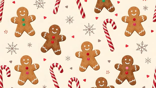 This playful design features gingerbread shapes, red-and-white candy canes, and delicate snowflakes, symmetrically placed on a light pastel backdrop for a festive, fun atmosphere.