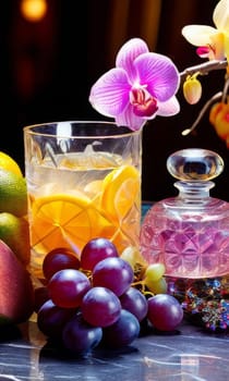 Purple orchid, ice-filled glass, lemon, and vibrant spheres. Fresh and modern, perfect for wellness, beverage, or floral themes. Bright and visually appealing