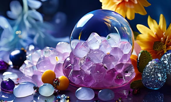 Purple orchid, ice-filled glass, lemon, and vibrant spheres. Fresh and modern, perfect for wellness, beverage, or floral themes. Bright and visually appealing