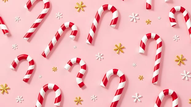 Bright candy canes and peppermint swirls pop against a soft pastel pink background, joined by golden snowflakes for a festive holiday feel.
