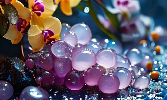 Purple orchid, ice-filled glass, lemon, and vibrant spheres. Fresh and modern, perfect for wellness, beverage, or floral themes. Bright and visually appealing