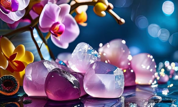 Purple orchid, ice-filled glass, lemon, and vibrant spheres. Fresh and modern, perfect for wellness, beverage, or floral themes. Bright and visually appealing