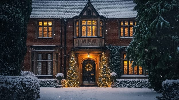 Country manor decorated for Christmas, Merry Christmas holiday idea