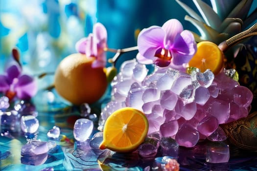Purple orchid, ice-filled glass, lemon, and vibrant spheres. Fresh and modern, perfect for wellness, beverage, or floral themes. Bright and visually appealing