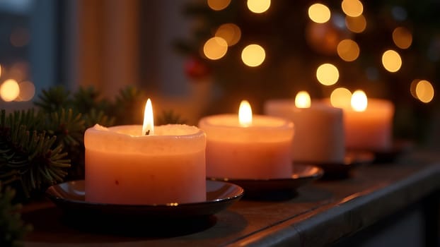 A cozy image of flickering candles casting a warm glow, complemented by softly twinkling Christmas lights in a blurred home setting.